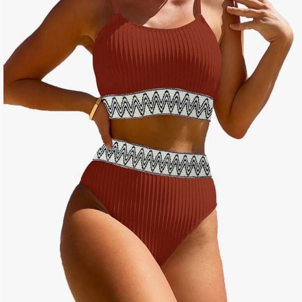 High Waisted 2 Piece Ribbed Bikini Crop Top High Cut Cheeky Bathing Suits M